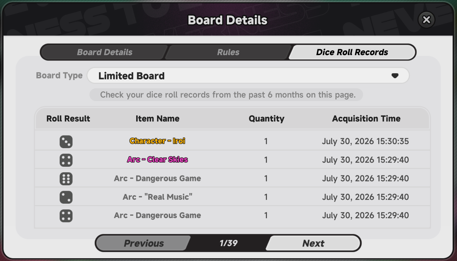 Large annotated NTE Dice Roll Records example