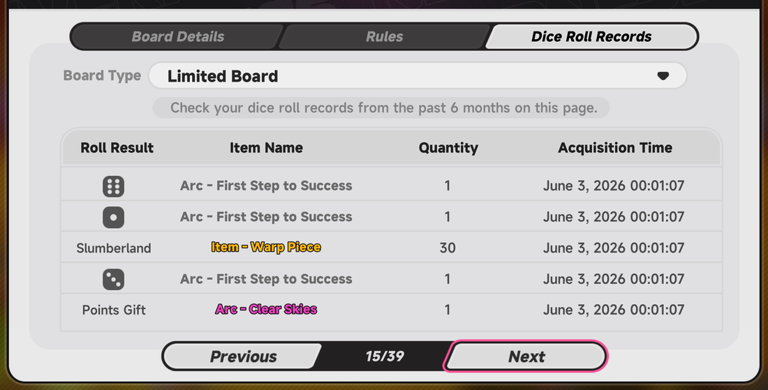 NTE Dice Roll Records showing a Slumberland row and a Points Gift row in place of dice icons